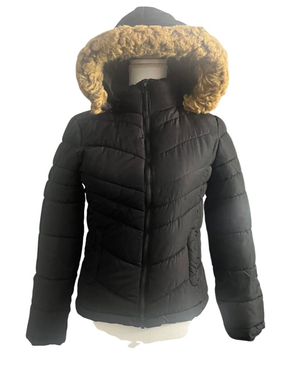 Girls Black Hooded Puffer Jacket 10/12 Faux Fur Trim Winter Coat Warm So